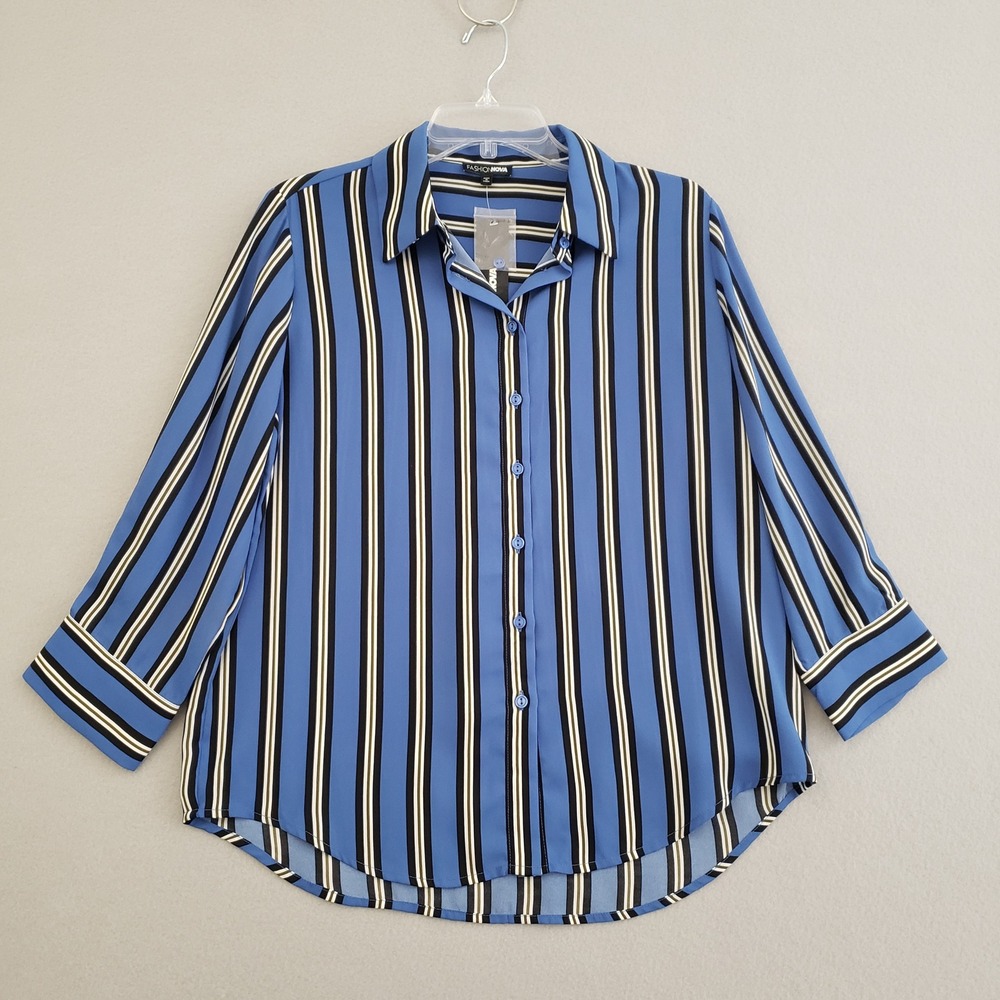 Fashion Nova Womens Blue Striped Button Down Blouse Size L TM32327I 3/4 Sleeve